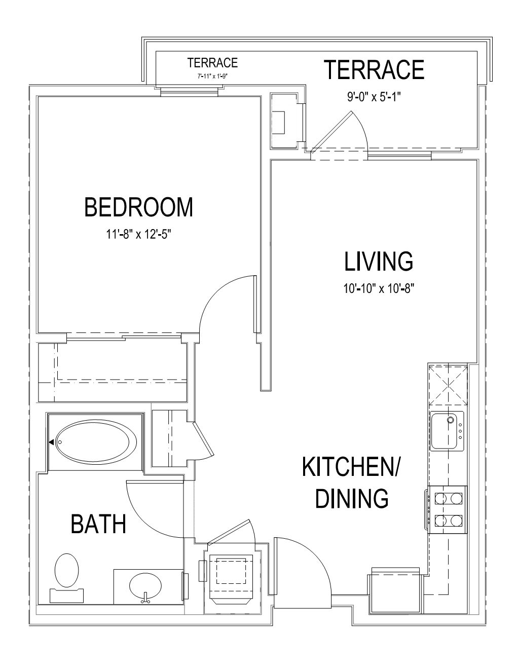 Floor plan for 1 bed, 1 bath, 628 sqft